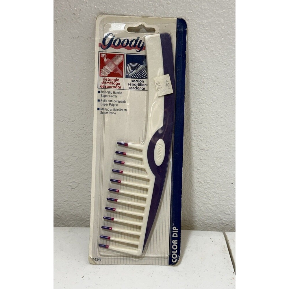 Vtg GOODY wide-toothed comb 7” handle 1980's 90's White Blue Purple No Slip NOS